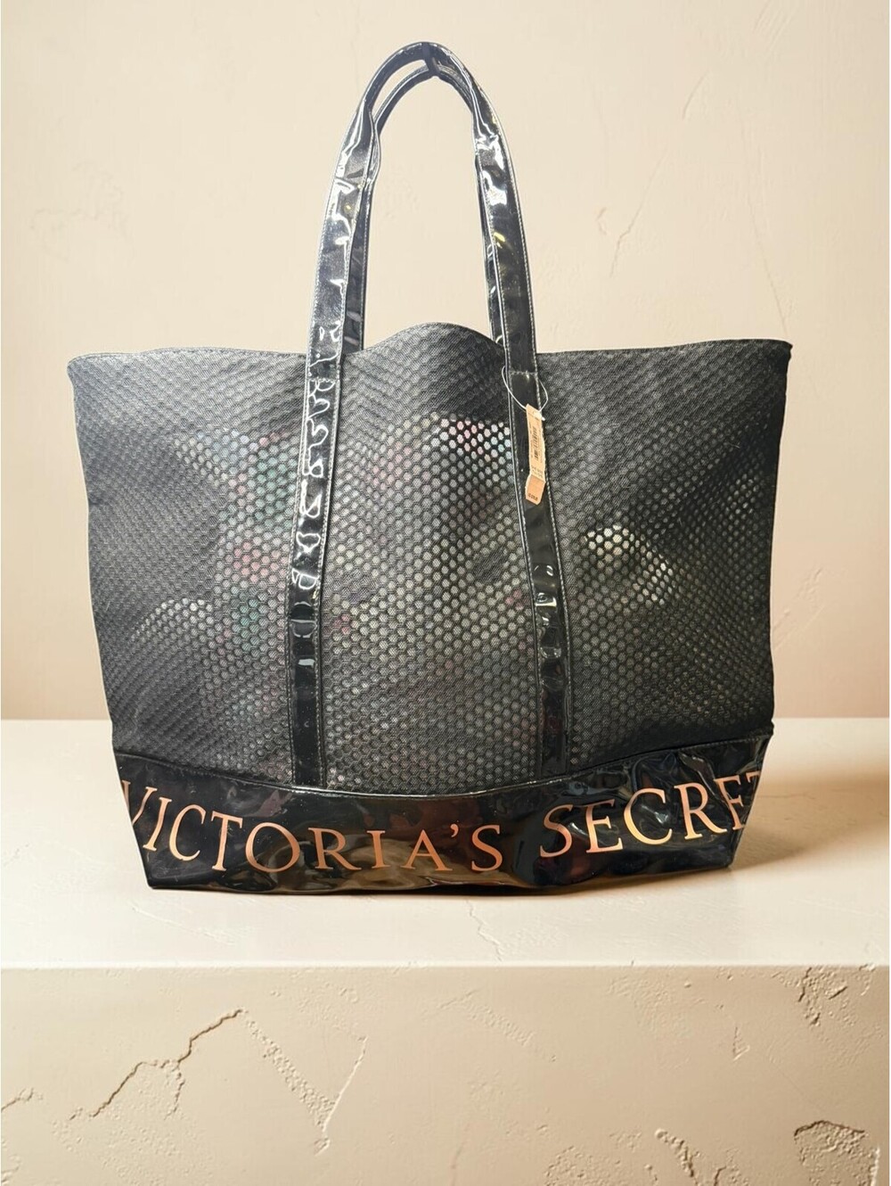Victoria's Secret Black Mesh Patent Tote NWT Large Beach Travel Bag